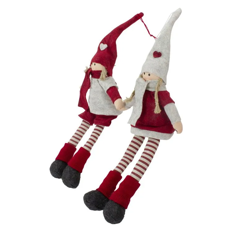 19" Plush Red and Beige Boy and Girl Sitting Christmas Doll Decorations Set of 2
