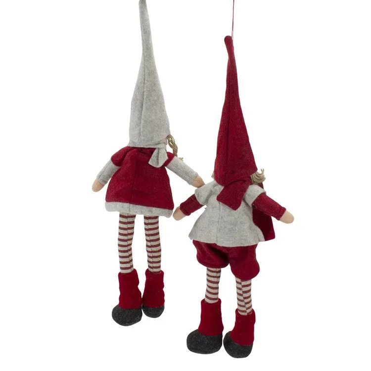19" Plush Red and Beige Boy and Girl Sitting Christmas Doll Decorations Set of 2