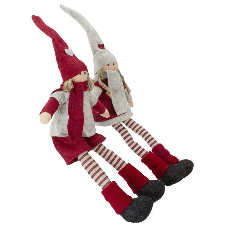 19" Plush Red and Beige Boy and Girl Sitting Christmas Doll Decorations Set of 2