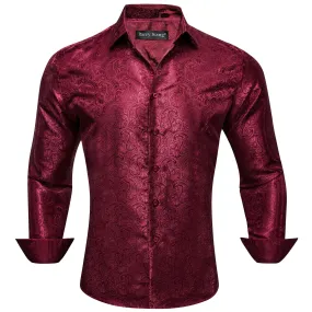 Barry Wang Paisley Print Cothing Dark Red Jacquard Silk Men's Shirt