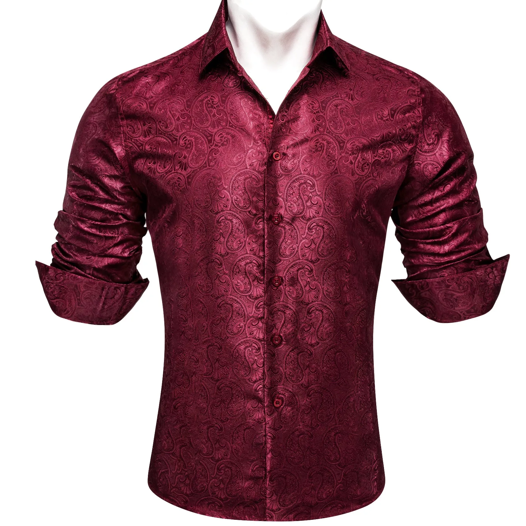 Barry Wang Paisley Print Cothing Dark Red Jacquard Silk Men's Shirt