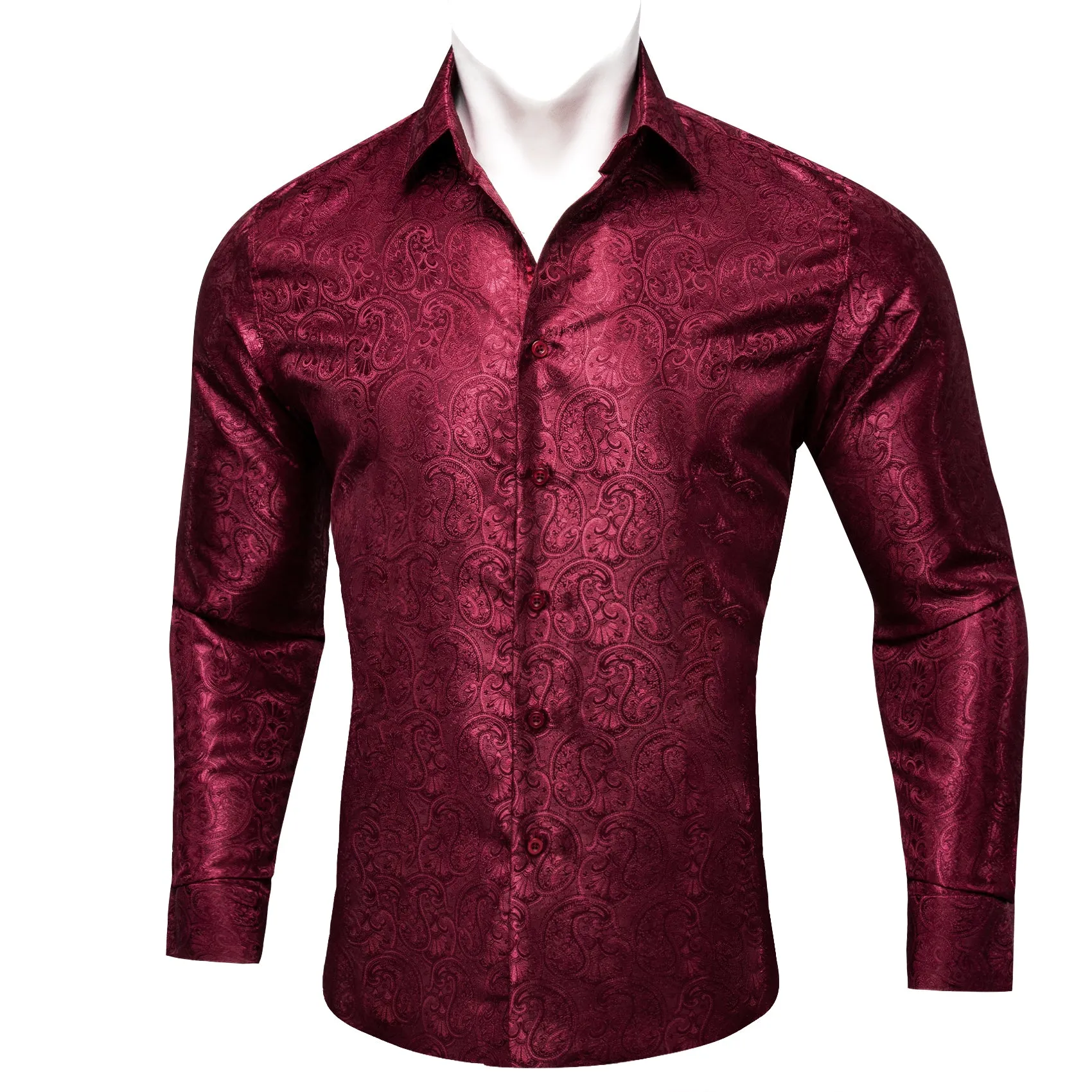Barry Wang Paisley Print Cothing Dark Red Jacquard Silk Men's Shirt