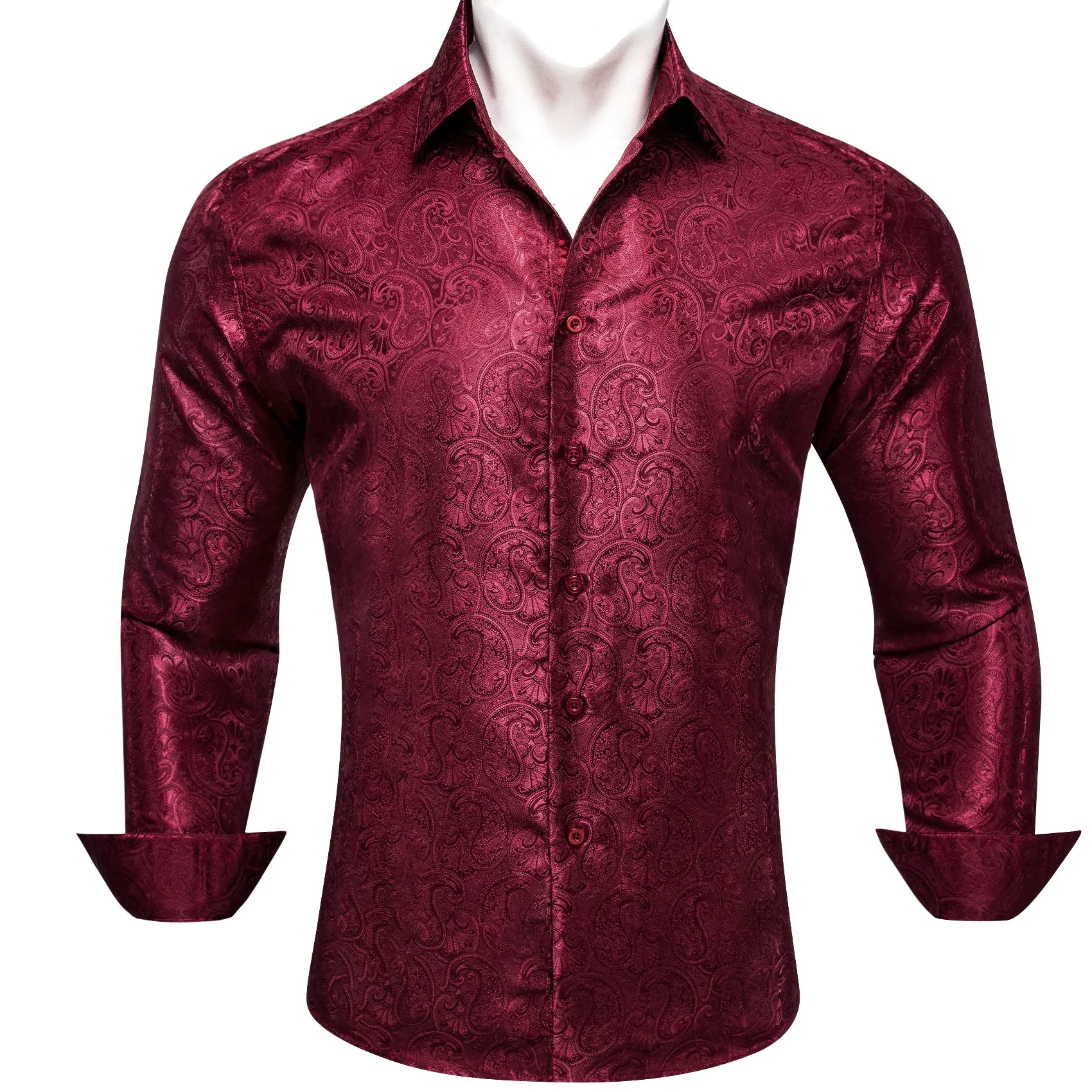Barry Wang Paisley Print Cothing Dark Red Jacquard Silk Men's Shirt