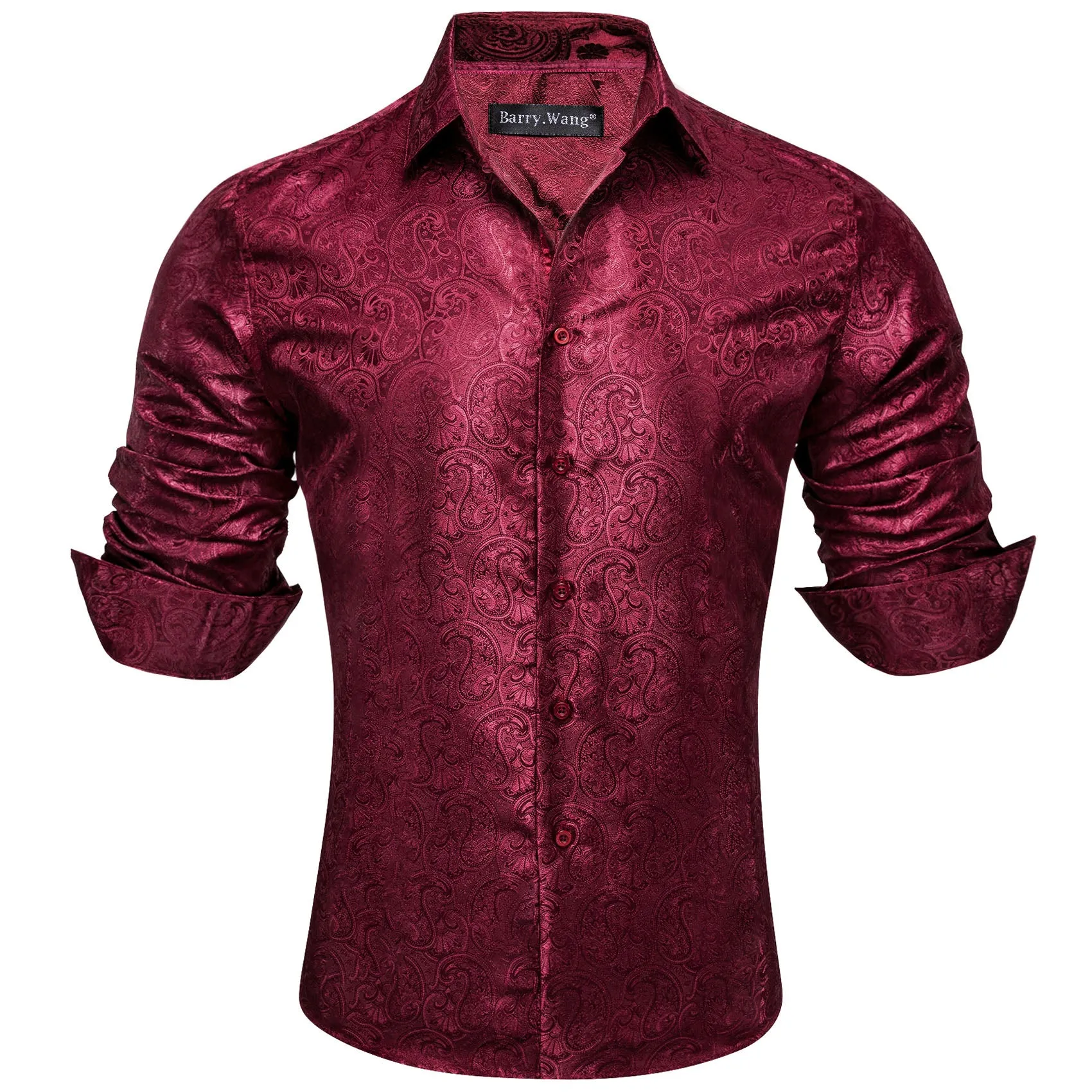 Barry Wang Paisley Print Cothing Dark Red Jacquard Silk Men's Shirt