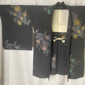 Black and Gold Haori, Japanese Kimono, Traditional, Floral pattern, Cardigan, Women's Jacket, Silk Long outer, Casual Layer, Versatile-A