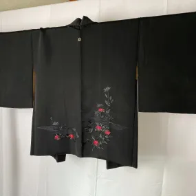 Black Ebaori, Japanese Haori, Pink Flower, Stain, Women's Jacket, Cardigan, Casual Layer, Versatile top, Housewear, Kimono