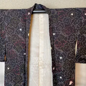 Black Rose Haori Cardigan, Flower Print, Women's Jacket, Vintage kimono, Silk Long outer, Japanese style, Casual Layer, Versatile-F