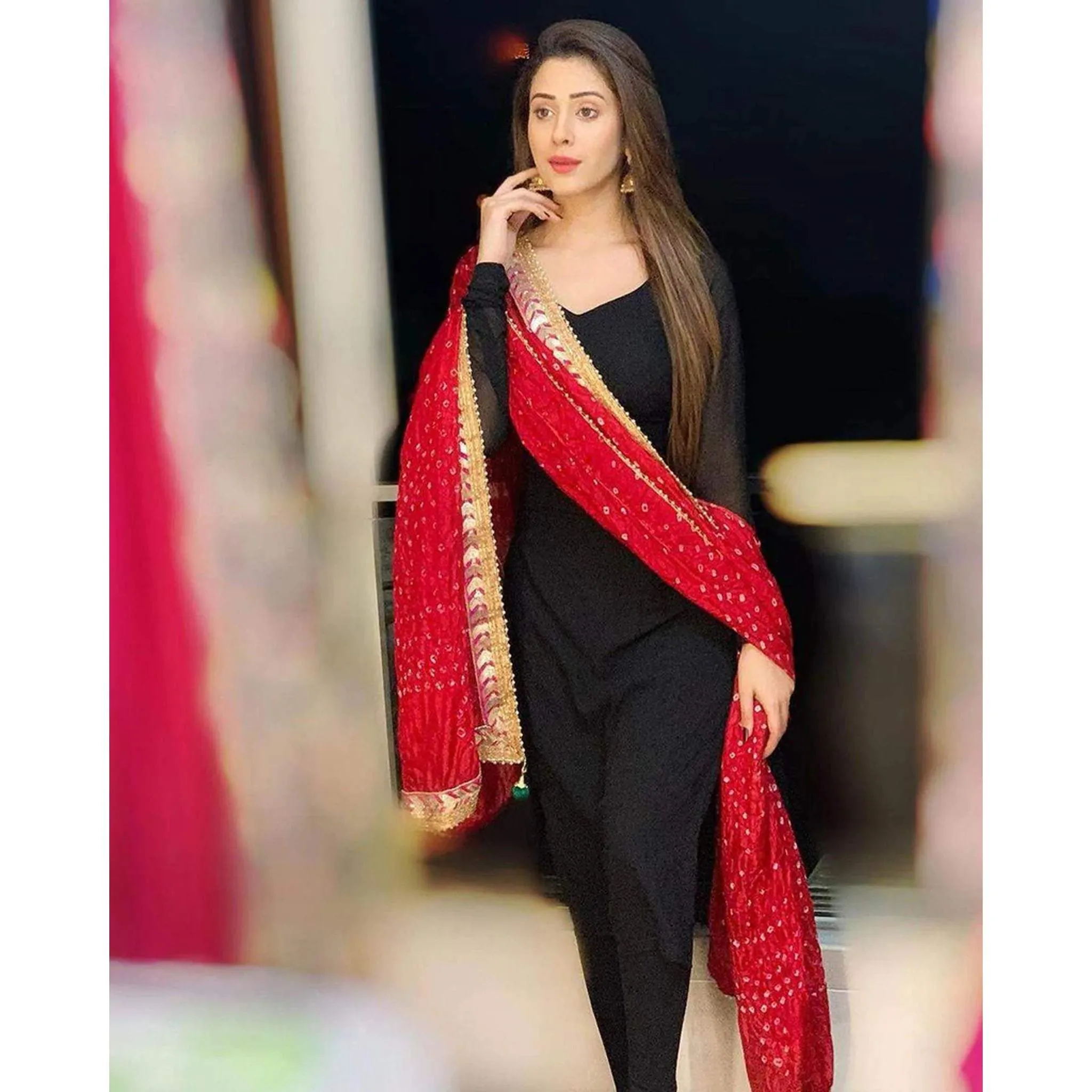 Black Salwar Suit In Rayon Fabric with Red Bandhani Dupatta
