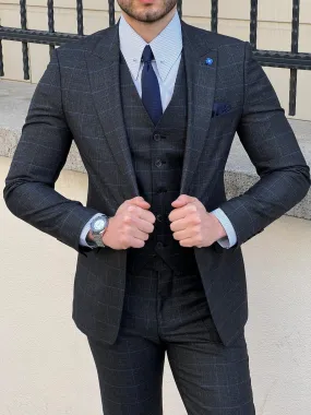 Bojoni Montebello Slim Fit High Quality Plaid Woolen Black Suit