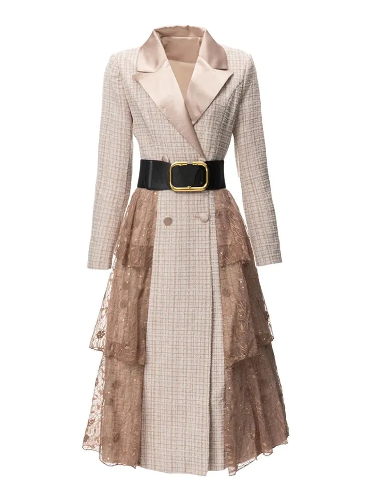 Colorblock Spliced Mesh Elegant Dresses For Women Lapel Long Sleeve Tunic Patchwork Belt Temperament Dress Female