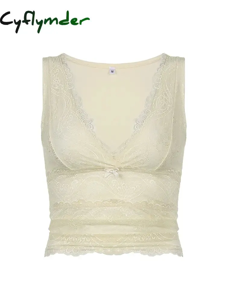 Cyflymder summer inspo Solid Sleeveless Two Layer Lace V Neck Slim Y2K Crop Top Women Cute Basic Summer Vest