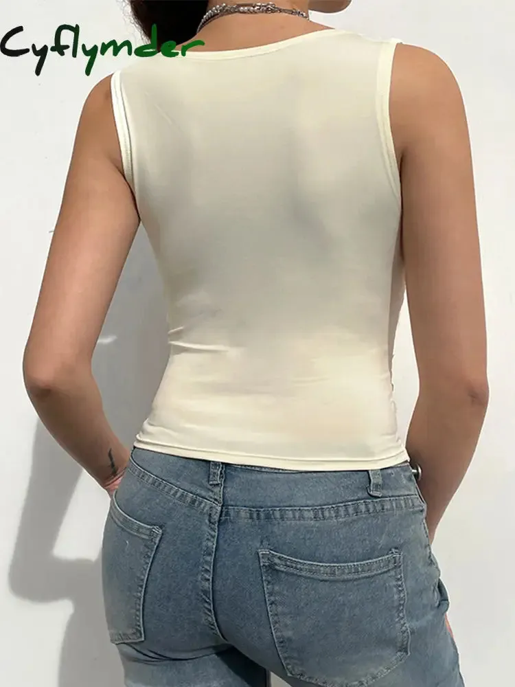 Cyflymder summer inspo Solid Sleeveless Two Layer Lace V Neck Slim Y2K Crop Top Women Cute Basic Summer Vest