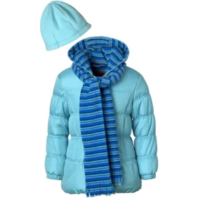 Girls Puffer Jacket Set with Hat & Scarf Stripe Print in 2 Colors