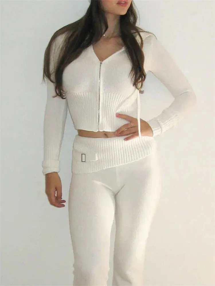 Knit Fashion 2 Piece-Set Trousers Hoodie Tracksuit Women Crop top Knitwear And Women's Pants Sets Female Trousers Outfits