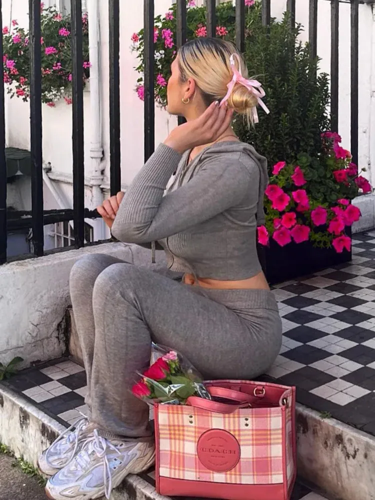 Knit Fashion 2 Piece-Set Trousers Hoodie Tracksuit Women Crop top Knitwear And Women's Pants Sets Female Trousers Outfits