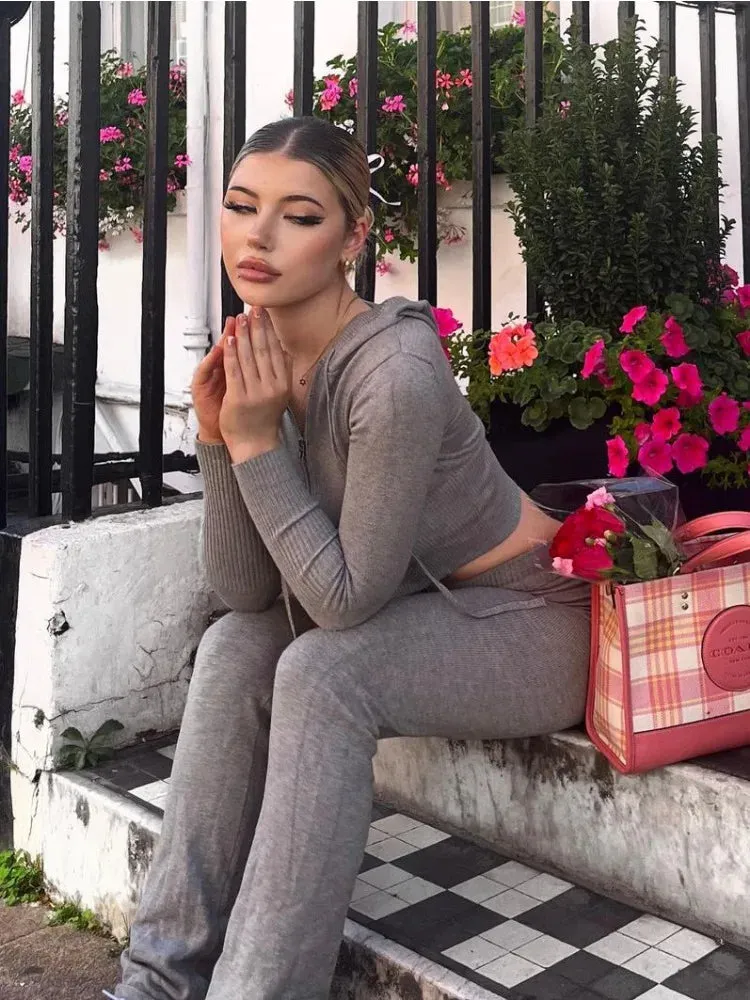 Knit Fashion 2 Piece-Set Trousers Hoodie Tracksuit Women Crop top Knitwear And Women's Pants Sets Female Trousers Outfits