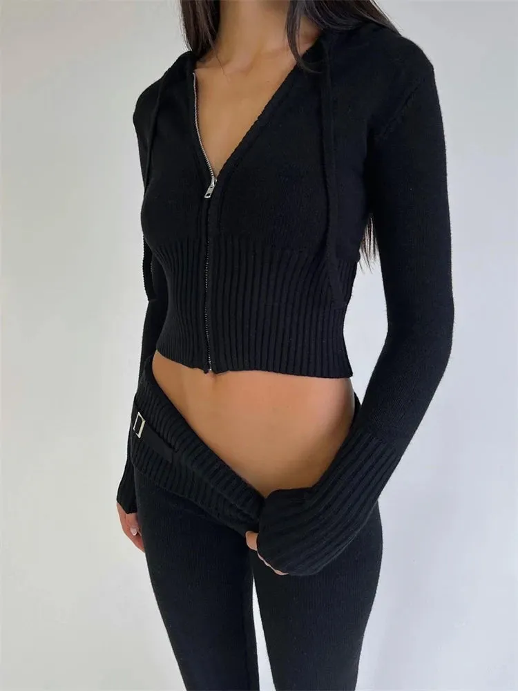 Knit Fashion 2 Piece-Set Trousers Hoodie Tracksuit Women Crop top Knitwear And Women's Pants Sets Female Trousers Outfits