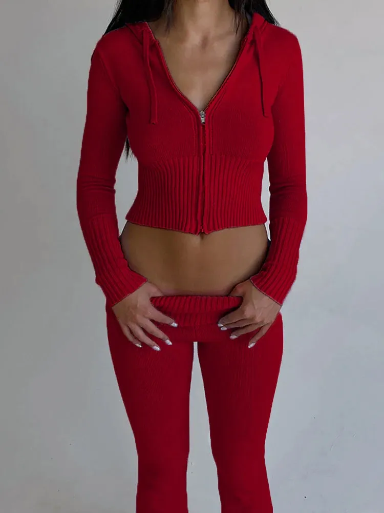 Knit Fashion 2 Piece-Set Trousers Hoodie Tracksuit Women Crop top Knitwear And Women's Pants Sets Female Trousers Outfits