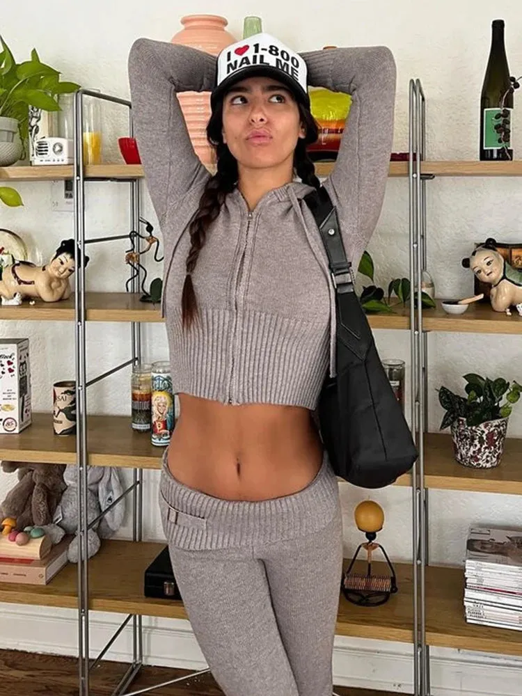 Knit Fashion 2 Piece-Set Trousers Hoodie Tracksuit Women Crop top Knitwear And Women's Pants Sets Female Trousers Outfits