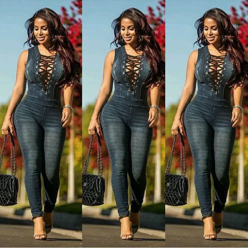Laced Top Denim Skinny Jeans Sleeveless Jumpsuit S-3XL Dark and Light Blue Denim