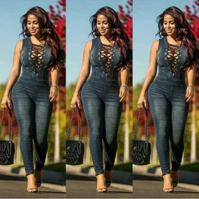 Laced Top Denim Skinny Jeans Sleeveless Jumpsuit S-3XL Dark and Light Blue Denim
