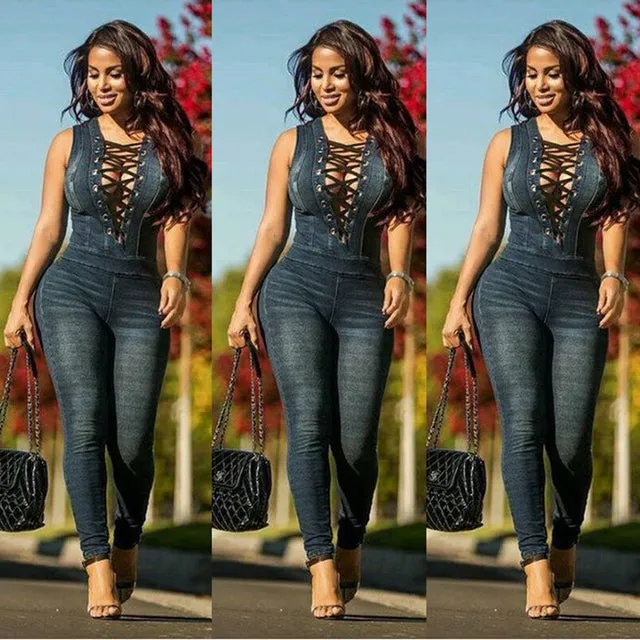 Laced Top Denim Skinny Jeans Sleeveless Jumpsuit S-3XL Dark and Light Blue Denim