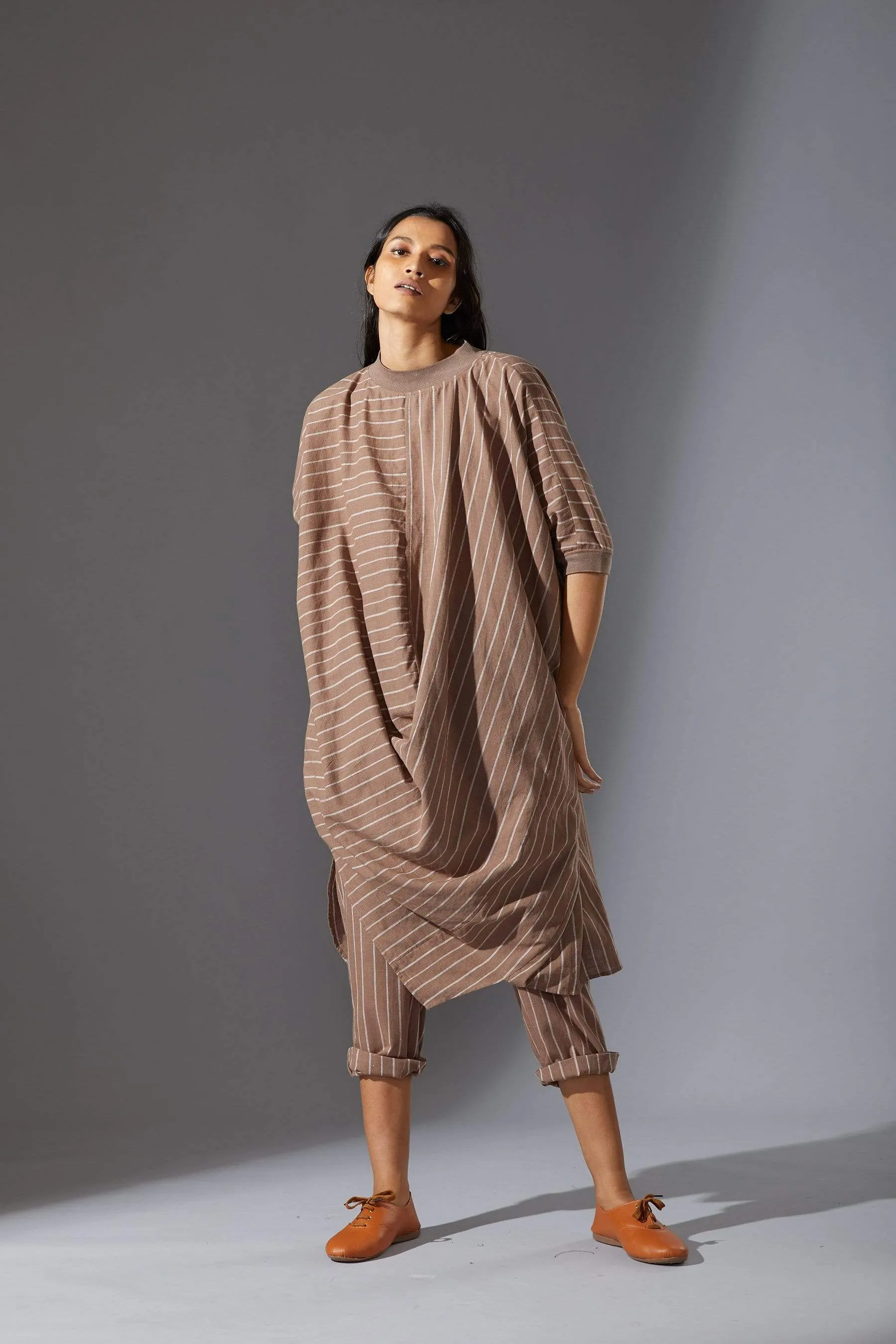 Mati Beige Cowl Tunic With Ribbed Collar