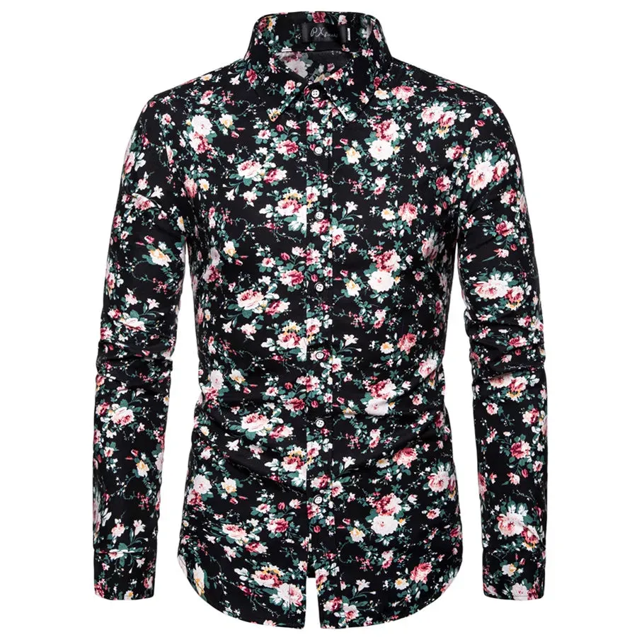 Men's Floral Print Vacation Style Lapel Long Sleeve Shirt