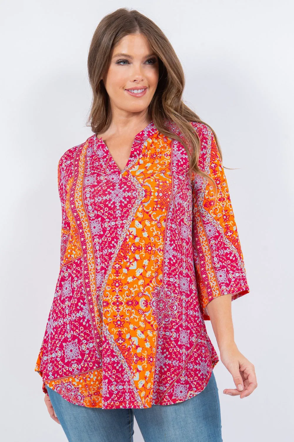Multi Rust Scarf Print V Neck Tunic Top