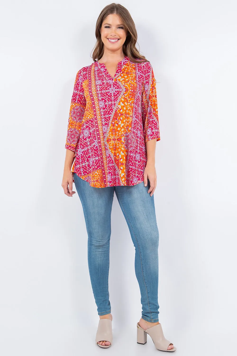 Multi Rust Scarf Print V Neck Tunic Top