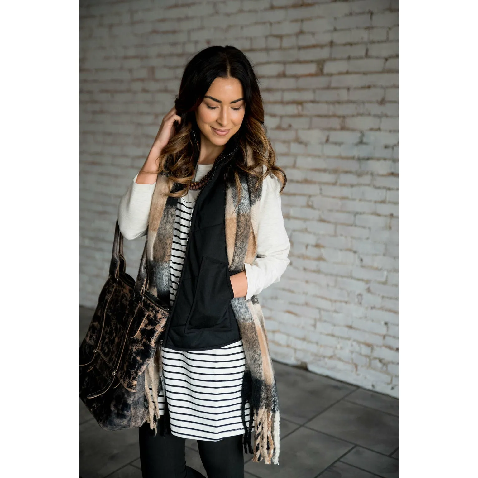 Solid Top Striped Body Button Accent Tunic