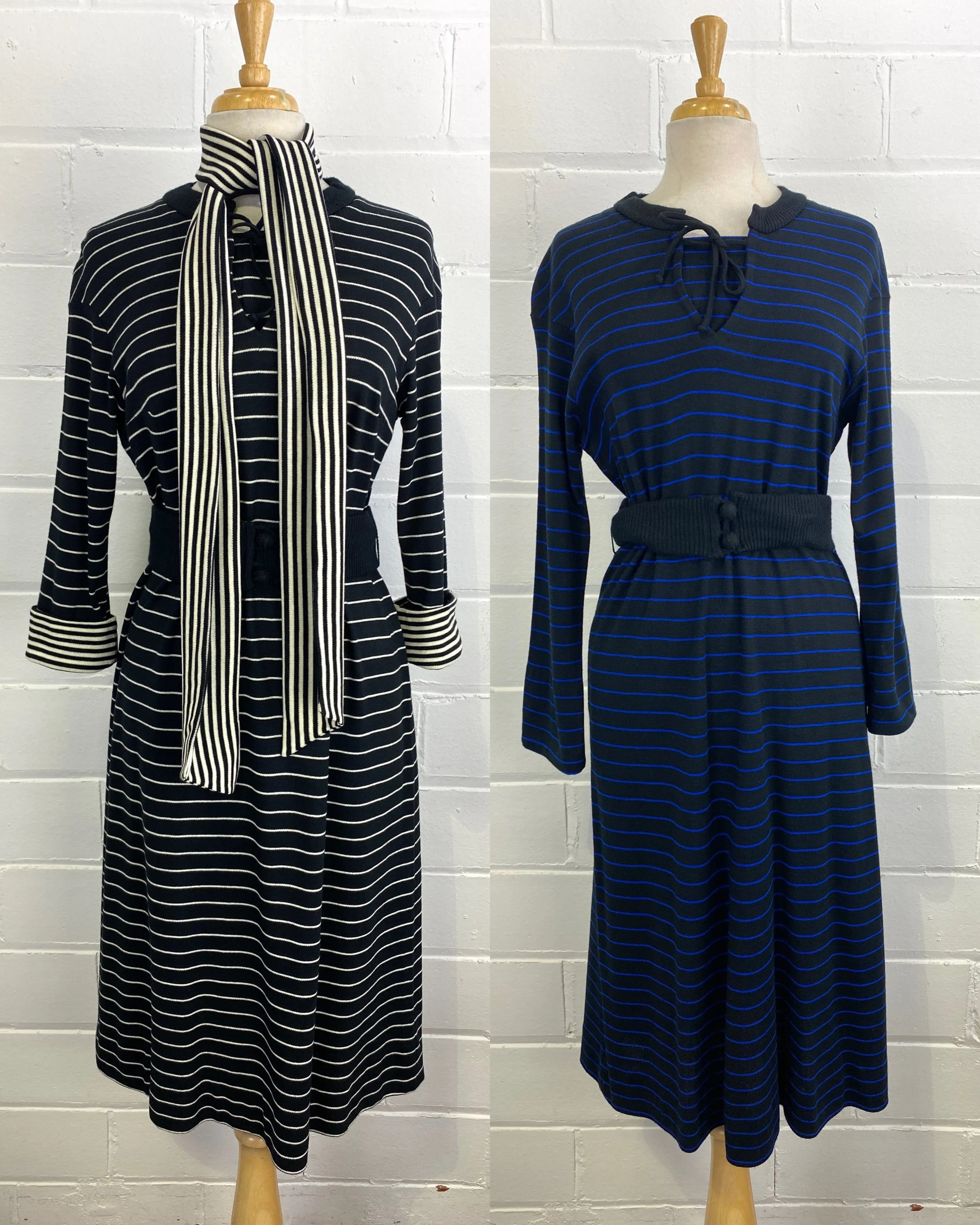 Vintage 1980s Long Sleeve Striped Knit Dress, x2 Colours Available, M-L